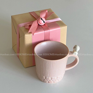 窑变复古浮雕花花小狗元素陶瓷咖啡杯可爱粉色礼物水杯子