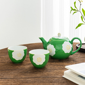 日本进口藏珍窑匠人手作手绘绿色椿花茶器高档功夫茶茶壶茶杯套装