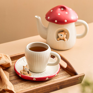 蘑菇水壶下午茶茶具套装陶瓷咖啡杯碟女生高颜值卡通可爱喝水杯子