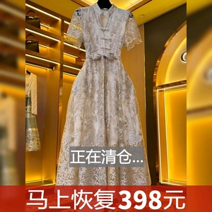 夏季女装连衣裙子雪纺重工蕾丝2024新款正式场合盘扣高端漂亮品牌