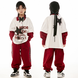 街舞儿童潮服帅气白色长袖T恤套装hiphop服装嘻哈男童演出服童装