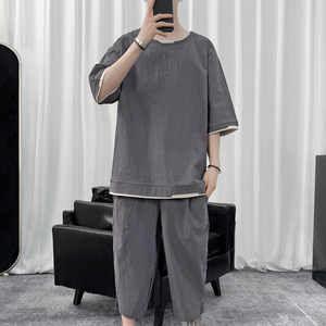 中国风棉麻短袖T恤男士夏季短衣7七分短裤两件套装休闲潮胖子大码