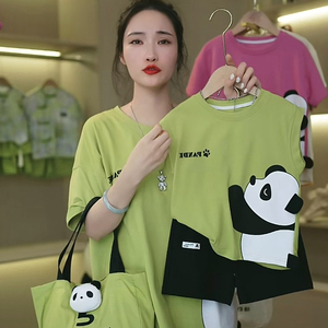 亲子装夏装母女母子一家三口全家装中国风熊猫纯棉T恤短袖套装潮