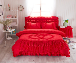 加棉加厚韩版公主风蕾丝床裙席梦思防滑保护罩四件套五件套纯色红