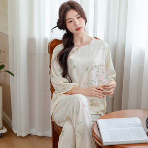 新中式古风优雅睡衣女人造棉稠长袖空调房春秋夏季绵绸家居服套装