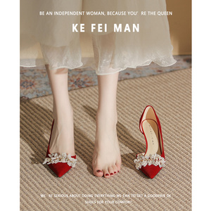 【珂菲曼】珍珠红色高跟鞋婚鞋女花朵秀禾新娘鞋裙褂中式结婚红鞋