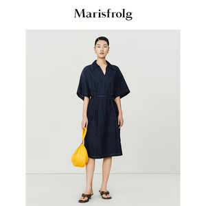 【商场同款】玛丝菲尔2023年夏季新款深蓝色衬衫式宽肩牛仔连衣裙
