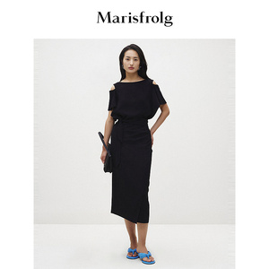 【新能量黑裙】玛丝菲尔2024春季新款黑色赫本风短袖中长款连衣裙