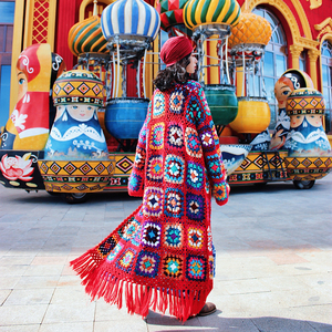 西藏旅拍女装嬉皮编织钩花手工民族风毛衣红色流苏外套