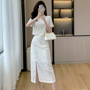 夏装搭配一整套法式小香风蕾丝长裙女今年流行漂亮改良旗袍两件套