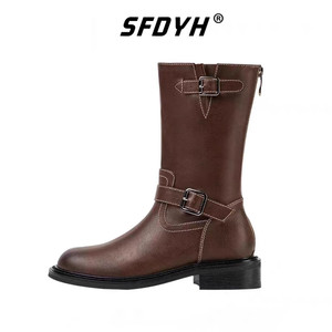 SFDYH复古中筒马丁靴女新款皮带扣西部靴粗跟后拉链骑士靴短靴
