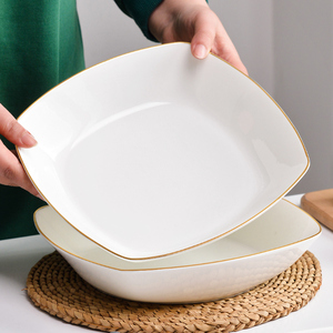 白色餐具10英寸金边大盘子家用骨瓷深汤盘四方形陶瓷菜盘子大容量