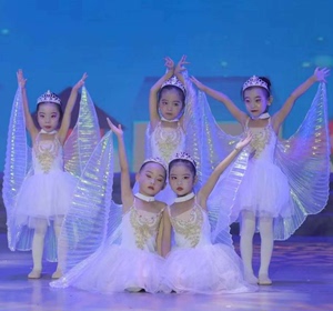 新款儿童小风筝舞蹈服翅膀道具芭蕾表演演出服白色小天鹅连衣裙