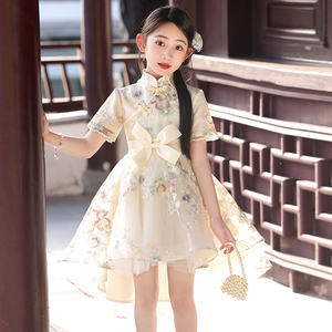 女童旗袍夏季前短后长儿童国风礼服古筝演出服新中式小女孩公主裙