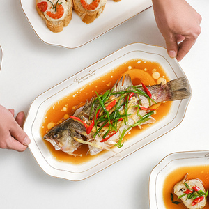 鱼盘蒸鱼盘子陶瓷家用新款创意北欧餐具金边大号长方形菜盘鱼蝶盘