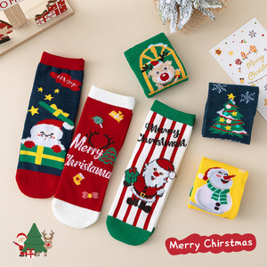 新品雪人圣诞儿童袜冬季中筒袜红色袜子卡通喜庆过年童袜3双混装