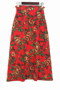 秋冬装孤品复古日本中古着vintage玫瑰印花毛呢小A字大红裙半身裙