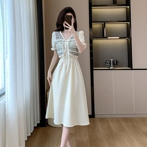 新中式假两件雪纺连衣裙子夏季2024新款国风女装短袖显瘦复古条纹