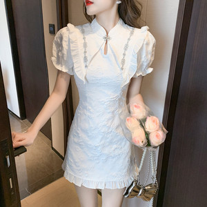 白色旗袍短袖连衣裙子女夏季2024年新款娃娃领小个子高端气质雪纺