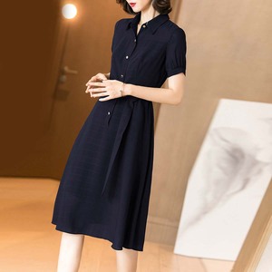 米思阳2020夏季新款气质复古系带收腰显瘦格子衬衫裙短袖连衣