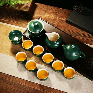 唐月窑孔雀绿整套茶具家用客厅羊脂玉中式功夫茶杯盖碗亚光釉礼盒