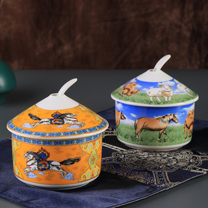 蒙古元素五畜陶瓷带盖调料盒酸奶盅汤盅蒙餐厅饭店酒店专用瓷餐具