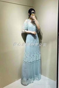 清货 超值 BCBG 清新优雅浅蓝色蕾丝拼接网纱短袖礼服女年会礼服