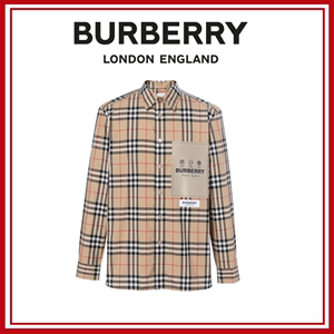 正品Burberry/博柏利 巴宝莉 男女同款 格纹徽标字母贴花长袖衬衫