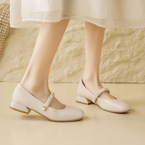 旗袍鞋玛丽珍女鞋2024新款春季法式白色伴娘单鞋低跟配裙子小皮鞋