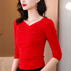 大红色网纱打底衫女长袖纱衣秋季新款V领t恤遮肉修身显瘦洋气上衣