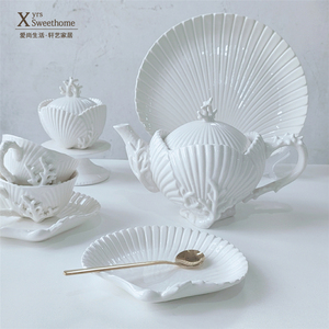 出口欧洲高端珊瑚贝壳浮雕系列咖啡杯茶壶套装 奶壶糖罐 收纳罐子