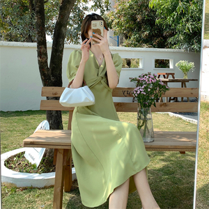 大码胖mm裙子韩系风格成熟温柔风女装夏季新款高级感泡泡袖连衣裙