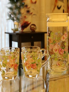 韩式花色加厚玻璃水杯热水壶套装 耐热耐冷水壶 一壶四杯可倒开水