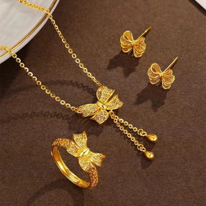 蝴蝶结花朵三件套项链女小众设计戒指越南沙金24K仿真黄金耳钉潮