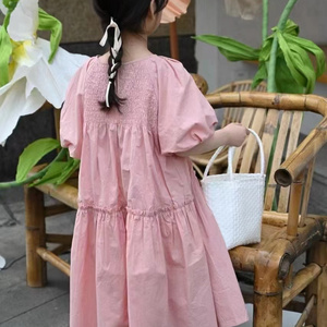波拉韩国童装2024夏女童森系泡泡袖连衣裙纯色光板松紧设计公主裙