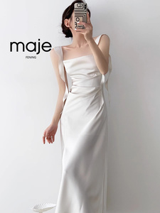 高端奢侈品白色缎面高级感吊带连衣裙女夏季气质长裙伴娘服小礼服