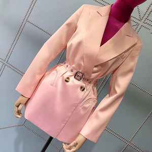 2021春装新网红小西装外套女设计感小众ins潮中长款系带粉色西服