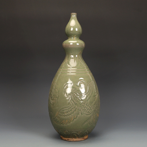 宋瓷收藏耀州窑雕刻凤纹葫芦瓶古董古玩旧货老货收藏摆件