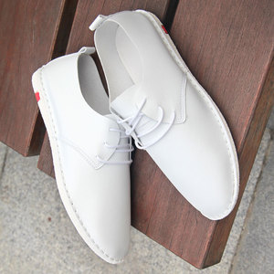 白色男士休闲鞋男春季白皮鞋平底软面皮系带小白鞋韩版潮鞋子