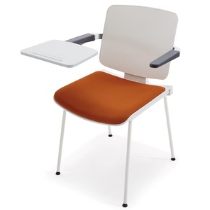 白色会议椅极简带桌板办公椅子塑料新闻记者椅设计师写字板培训椅
