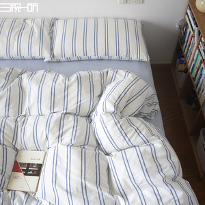 色织非印染丨全棉水洗棉四件套纯棉床上床单被套天蓝条纹床品套件