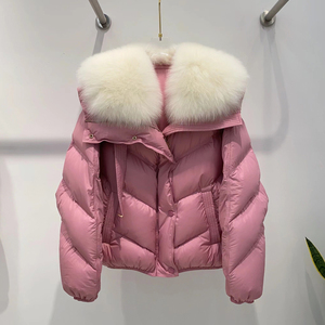 狐狸毛领玫粉色羽绒服女短款2023年新款加厚大码时尚洋气冬季外套