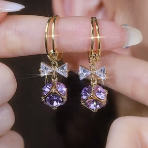 紫色锆石蝴蝶结钻球耳环女设计感气质时尚耳坠纯银针百搭网红耳饰