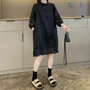 欧货时尚设计感黑色镂空蕾丝连衣裙女2023秋新款小众高级休闲裙子