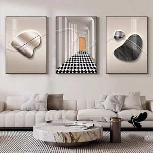 客厅沙发背景墙装饰画简约空间延伸餐厅楼梯抽象艺术线条三联挂画
