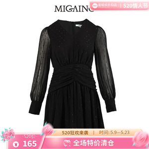 曼娅奴商场同款2023年秋新款小众设计感黑色网纱连衣裙ML32DC127