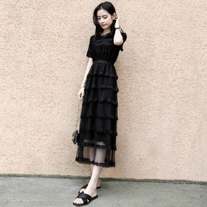 蛋糕长裙2024夏装新款短袖蕾丝裙超仙的法国黑色气质圆领连衣裙女
