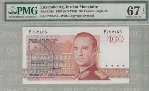 PMG67EPQ 卢森堡1993年100法郎 P-58b 评级冠军纸币【P792455】