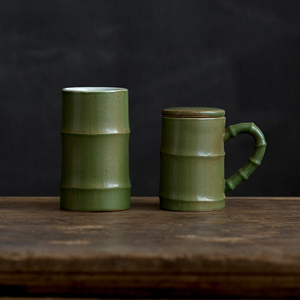 景德镇手工陶瓷竹节茶杯 个人杯 水杯带过滤茶杯带把带盖办公杯子