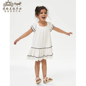 英国M&S玛莎代购 女童女婴24新款 白色彩球球方领短袖连衣裙裙子